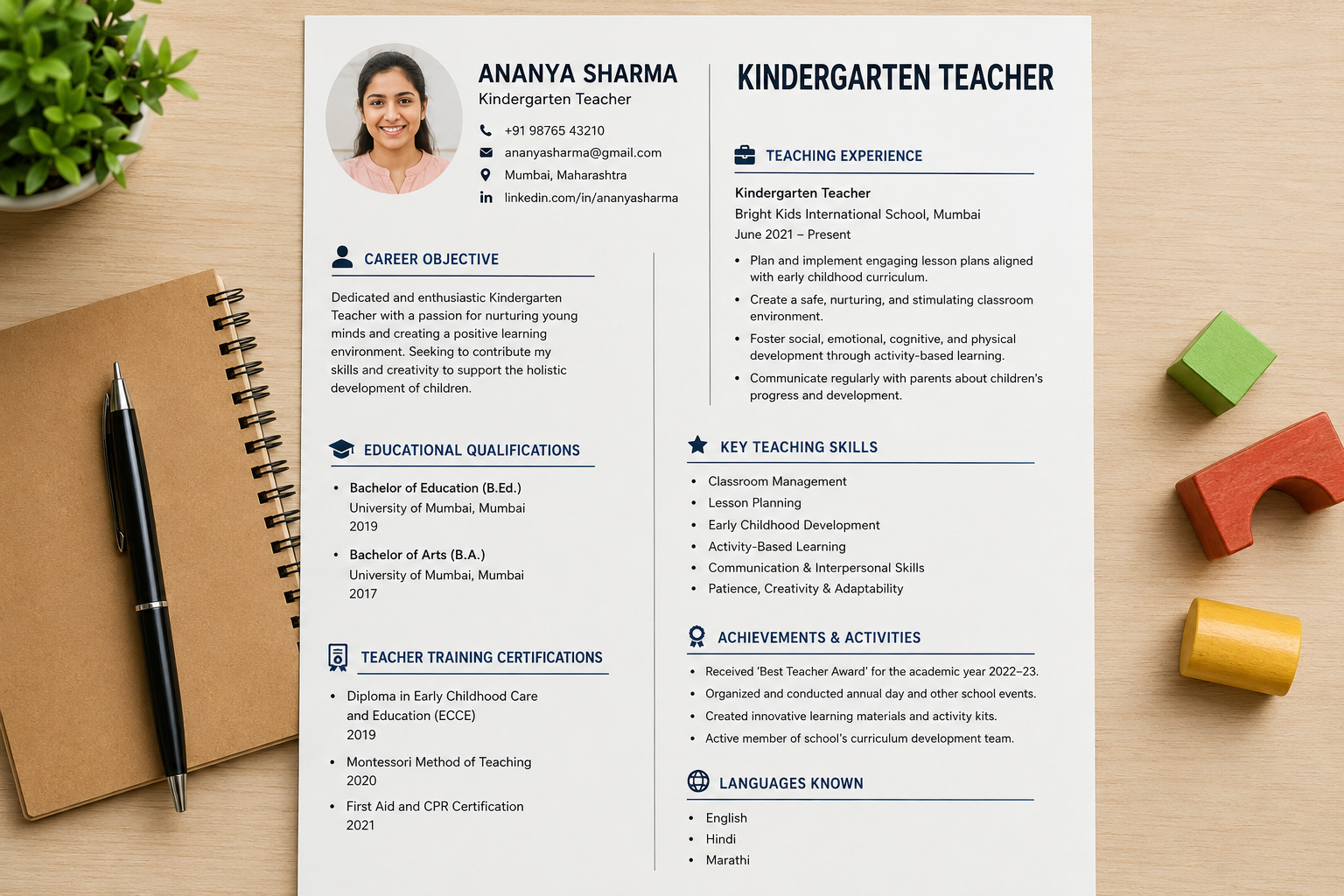 Kindergarten Teacher Resume Format